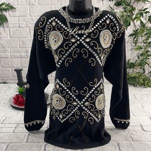 Women’s P.A. International Black Beaded Designer Long Sleeve Sweater (L) AM10